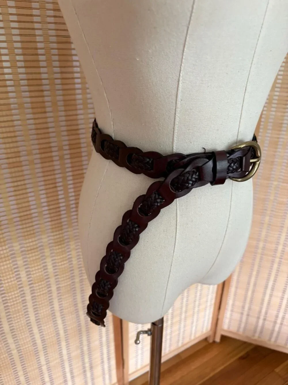 Vintage Style Brown Woven Belt Brass Tone Buckle | Braided Boho Waist Belt Small